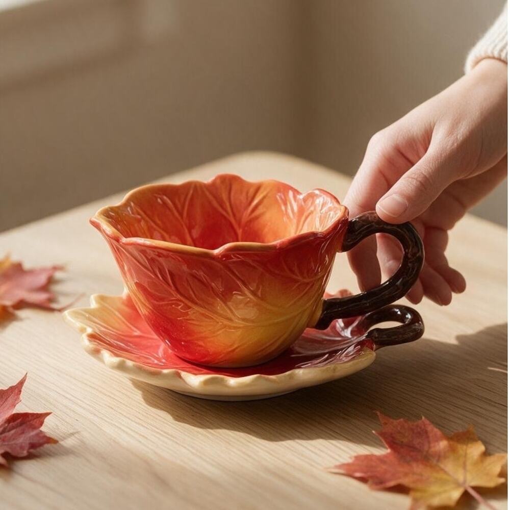 Harvest Collection by Corner Ruby Leaf Cup. Saucer and Stirrer NWT